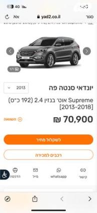 יונדאי סנטה פה 4X4 Elite אוט' בנזין 7 מק' 2.4 (192 כ''ס) בנזין 2013 למכירה בירושלים