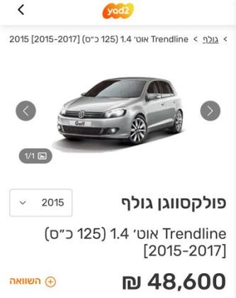 פולקסווגן גולף Trendline אוט' 5 דל' 1.4 (125 כ''ס) בנזין 2015 למכירה בחיפה
